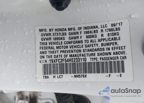 2017 Honda Civic Lx z USA, uszkodzony, nr VIN 19XFC2F54HE233110